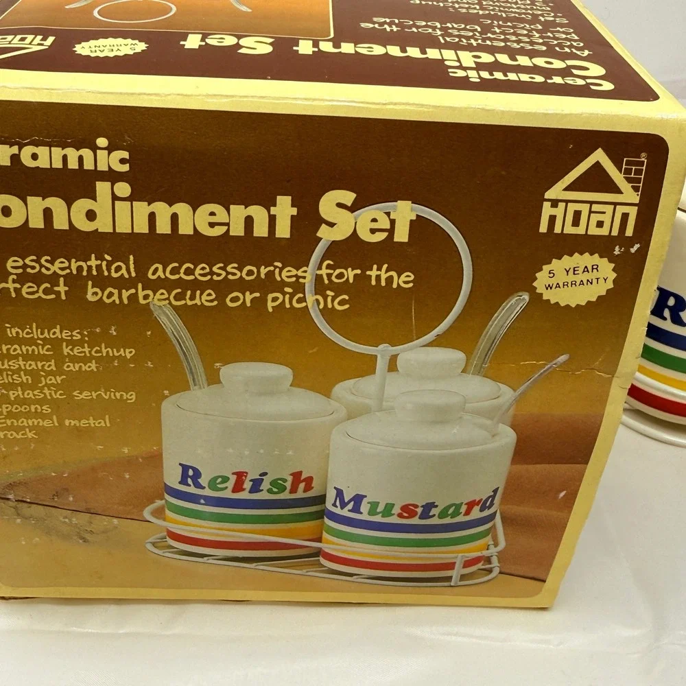 VTG HOAN Ceramic MCM Condiment Set Relish Ketchup Mustard‎ Jars 3pc Enamel Rack